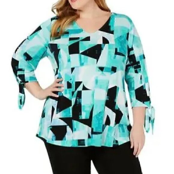 ALFANI Printed Tie Sleeve Blouse Pink Purple Geometric 3/4 Sleeve PETITE Medium - Picture 4 of 15